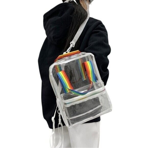 Clear PVC Backpack Rainbow Straps Adjustable & Zipper Pockets 9.5 "x12.6 "x 5.1" - Picture 1 of 9
